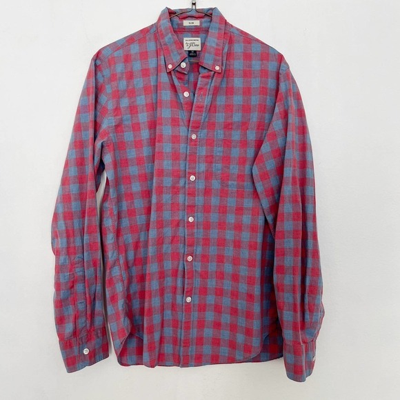 J. Crew Slim Button Up Shirt Men's Size Medium Pink Blue Buffalo Check Cotton - Picture 1 of 4